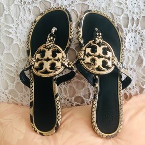 Tory Burch Blush Roccia Metal Miller logo sandals.